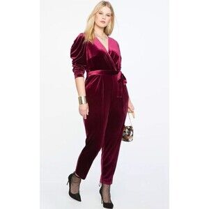 Eloquii  Valentines Pleated dress Jumpsuit Wine Velvet Velour Plus Size 16